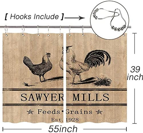 Rooster Kitchen Curtains, Farmhouse Miller Farm Aniaml Chicken Window Curtain Panel, Country Farmhouse Style Curtains for Living Room Bedroom (55X39)
