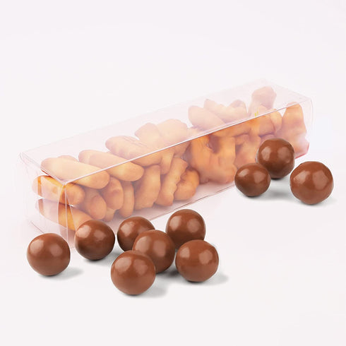 PAKIPER Chocolate Macaron Gift Boxes with Inserts,50 PCS Clear PET Plastic Gift Favor Boxes Candy Cookies Treat Boxes for Christmas,Wedding,Baby Birthday Party 6.3"x1.5"x1.4"