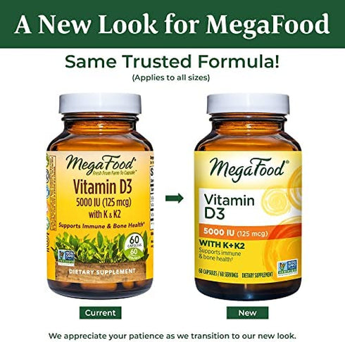 MegaFood Vitamin D3 5000 IU (125 mcg) - Bone Health and Immune Support with Vitamins D3, K, and K2 - Vegetarian, Gluten-Free - Made Without Dairy or Soy - 120 Caps