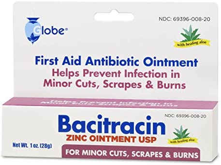 (4 Pack) Globe Bacitracin Zinc Ointment + Aloe 1oz, Antibiotic Ointment, Essential Antibiotic First Aid Supplies, Healing Action, Maximum Antibiotic Power, Prevents Infection in cuts, scrapes, Burns