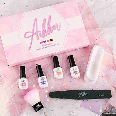 Aikker Dip Powder Gel Liquid Set 7pcs Base Top Coat Activator Dipping Powder Tools Kit with Recycling Tray Nail Brush File AK19