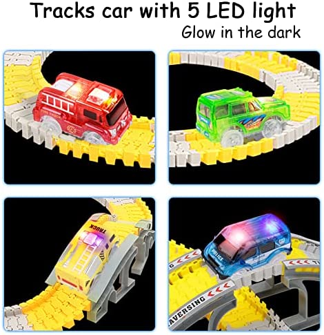 Tracks Cars Replacement Only, Light Up Magic Cars for Tracks Compatible with Glow in The Dark Toy Cars with 5 LED Flashing Lights for Most Race Tracks Only Toy Cars Track Car Accessories (4 Pack)