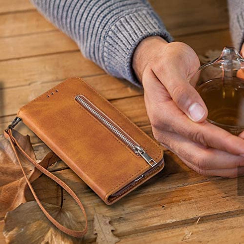 KUDEX iPhone 7 Plus Wallet Case for Women,iPhone 8 Plus Case, Flip Leather Shockproof Magnetic Zipper Pocket Wallet Purse Case w/Stand Card Slot Holder Wrist Strap for iPhone 7 Plus/8 Plus (Brown)