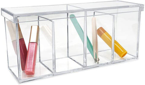 Isaac Jacobs 4-Compartment Clear Acrylic Organizer with Lid (9 L x 3 W x 4 H), Makeup Brush Holder, Sectional Tray, Storage Solution for Makeup, Crafts, Office Supplies & More (1, Clear)