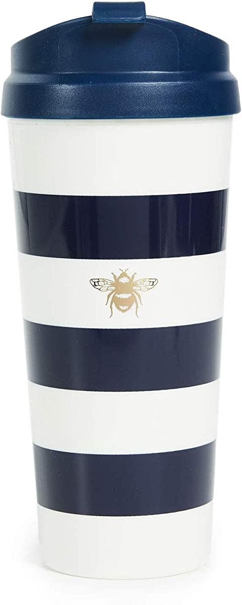 Kate Spade New York Insulated Thermal Travel Mug Tumbler, 16 Ounces, Navy Stripe (Bee)
