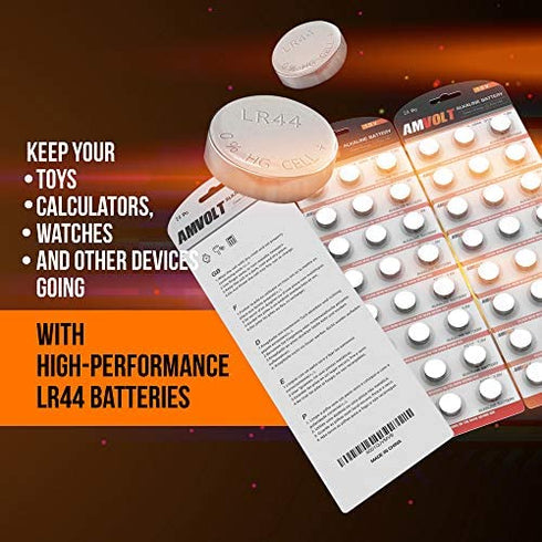 AmVolt- Pack of 24 LR44 Batteries AG13 SR44 357 303 Premium Alkaline Non Rechargeable Button Battery, 1.5 Volt Small Batteries for Watches Clocks & Electronic Devices