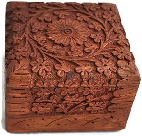 Artncraft Jewelry Box Novelty Item, Unique Artisan Traditional Hand Carved Rosewood Jewelry Box From India Inside