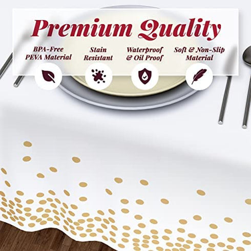 White Plastic Tablecloth - 4 Pack - 54 X 108 | Gold Dot Disposable Tablecloths | Plastic Tablecloth | White Tablecloths | Plastic Table Cover | Gold Tablecloths | Gold Party Decorations