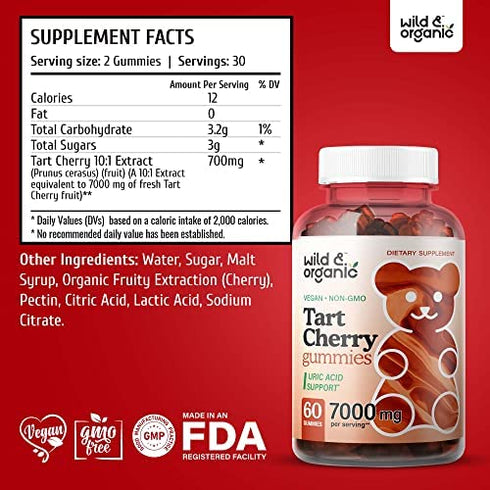 Wild & Organic Tart Cherry Gummies - Uric Acid Support and Joint Support Supplement with Vitamin C | Substitute to Tart Cherry Extract Capsules, Pills, Juice or Powder | Vegan, Gluten Free | 60 Chews