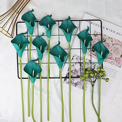 Mini 15" Artificial Calla Lily 10 Stem Bridal Bouquets Artificial Latex Real Touch Flowers for Home Party Decor (Teal Blue)