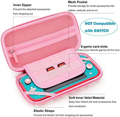 Tscope Cute Carrying Case for Nintendo Switch Lite, Pink Sakura Portable Hard Shell Girls Travel Storage Bag, with Glass Screen Protector & Thumb Grip Caps (Switch Lite Pink)