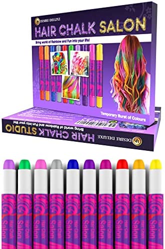 Desire Deluxe Hair Chalk Gift for Girls Makeup Kit of 10 Temporary Colour Pens Gifts, Great Toy for Kids Age 5 6 7 8 9 10 11 12 13 Years Old