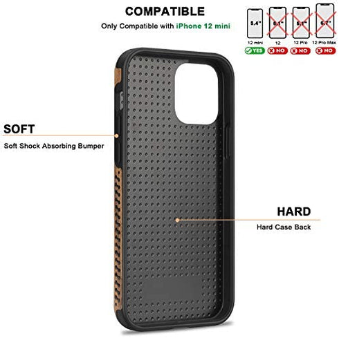 TENDLIN Compatible with iPhone 12 Mini Case Wood Grain with Carbon Fiber Texture Design Leather Hybrid Case Black