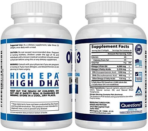Omega 3 Fish Oil 4,080mg - High EPA 1200mg + DHA 900mg Triple Strength Burpless Softgels - Arazo Nutrition (120 Soft Gels)
