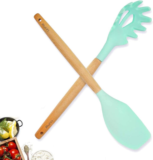 Silicone Spatula Set Pasta Spoon Cooking Utensils Set for Nonstick Cookware Pioneer Natural Wooden Handle Utensils Gift for Woman Mom Family(Mint Green)