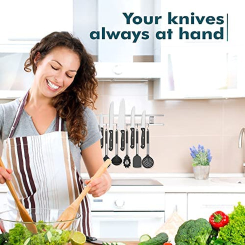 Magnetic Knife Holder for Wall - Stainless Steel Knife Magnetic Strip 18 Inch - Wall Knife Magnet Bar Rack With Hooks - Kitchen Utensil Holder and Knife Storage Holder