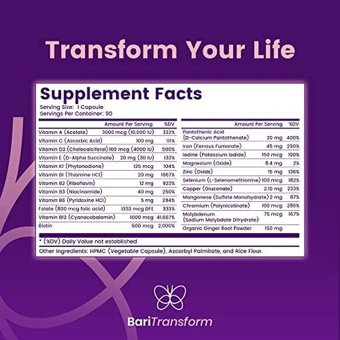 BariTransform Bariatric Multivitamin with Iron Capsule – 90 Ct – Bariatric Vitamins Multivitamin with Organic Ginger Root for Digestion Support, Nausea Relief – Once-A-Day Gastric Bypass Vitamins