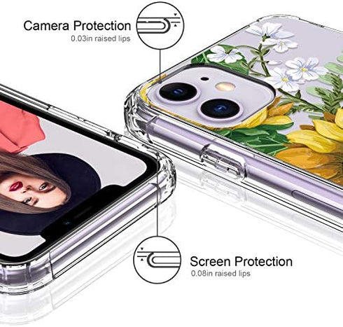 ICEDIO iPhone 11 Case with Screen Protector,Clear with Nice Sunflowers Floral Flower Patterns for Girls Women,Shockproof Slim Fit TPU Cover Protective Phone Case for Apple iPhone 11 6.1 inch