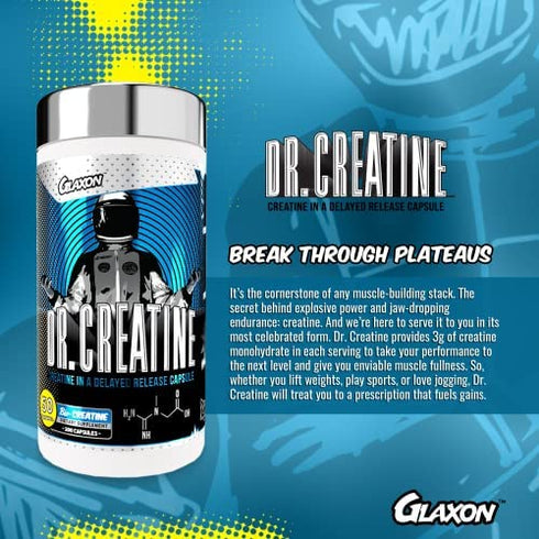Glaxon Dr. Creatine, Creatine Monohydrate in Delayed Release Capsules, Creatine Pills for Enhanced Performance, Better Absorption, Reduced Stomach Discomfort, 200 Capsules, 50 Servings