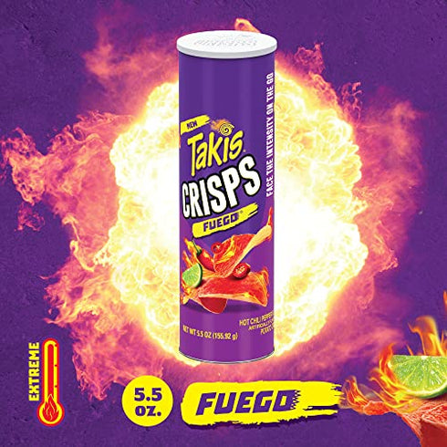 Takis Crisps Fuego Potato Crisps, Hot Chili Pepper and Lime Artificially Flavored, 5.5 Ounce Canister