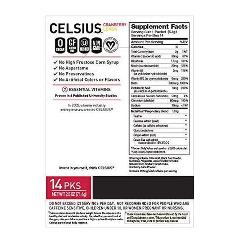 CELSIUS On-the-Go Powder Stick Packs, Cranberry Lemon, 2.5 Ounce (Pack of 14)