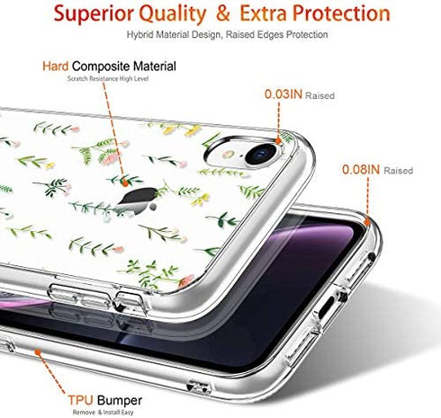 GiiKa iPhone XR Case with Screen Protector, Clear Heavy Duty Protective Case Floral Girls Women Shockproof Hard PC Back Case with Slim TPU Bumper Cover Phone Case for iPhone XR, Small Grass