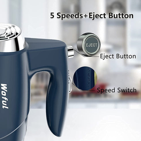 5-Speed 200W Electric Hand Mixer,with Eject Button,4 Stainless Steel Attachments(Beaters and Dough Hooks),for Whipping Cake, Cream,Dough,Cookies,Blue