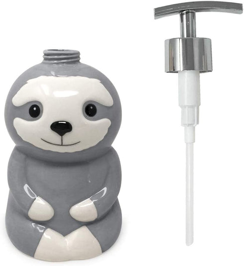 Isaac Jacobs Gray & White Ceramic Sloth, Liquid Soap Pump/Lotion Dispenser with Chrome Metal Pump (Holds Up to 12 Oz.) Great for Bathroom, Kitchen Countertop, Bath Accessory (Sloth)