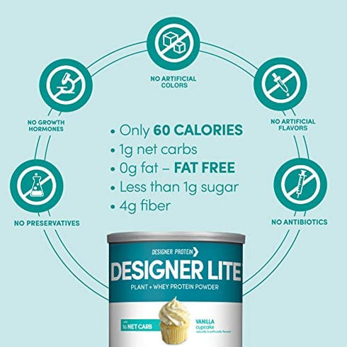 Designer Protein Lite, Vanilla Cupcake, 9.03 Ounce, Low Calorie Protein Powder