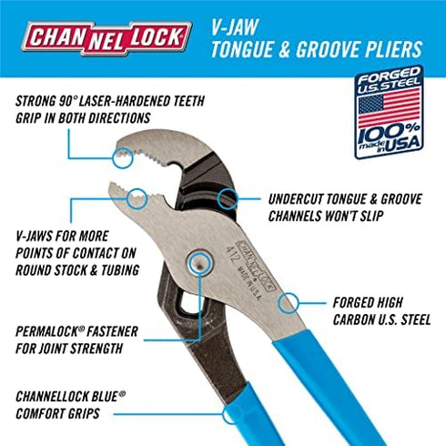 CHANNELLOCK 412 6.5-inch V-Jaw Tongue & Groove Pliers | Made in USA | 0.94-inch Jaw Capacity | Forged High Carbon Steel | More Points of Contact on Round Stock , Polished