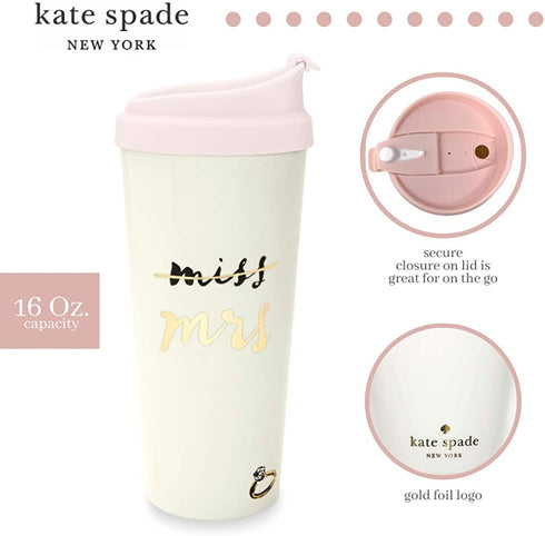Kate Spade New York Bridal 16 Ounce Insulated Travel Mug, Double Wall Thermal Tumbler for Coffee/Tea, Miss to Mrs. (Pink)