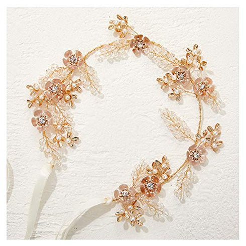 SWEETV Rose Gold Wedding Headband for Bride, Floral Bridal Headband Rhinestone Headpiece Wedding Hair Accessories