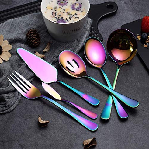 Rainbow Serving Spoons Set 6 Pieces, Serving Utensils Set Include Cake Server Slotted Spoon Serving Spoon Serving Fork Ladle Butter Knife Spreader Serving Set Dishwasher Safe
