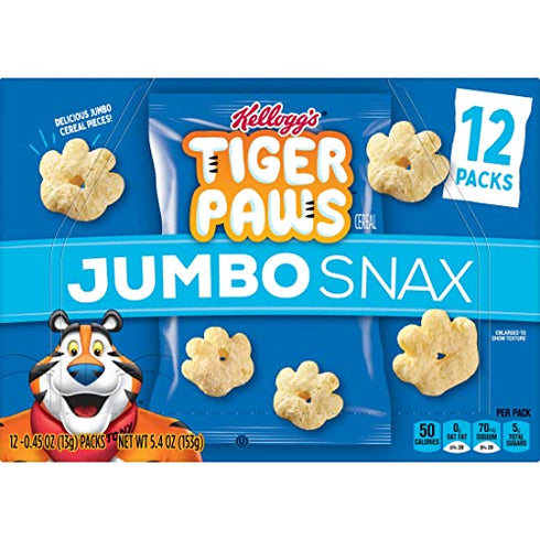 Kellogg's Jumbo Snax Tiger Paws Cereal Snacks, Lunch Snacks, Original, 5.4oz Box (12 Bags)