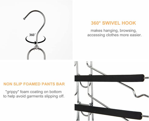 Amber Home 2 Pack Multi Layer 5 in 1 Metal Suits Pants Hangers, Closet Storage Organizer with 2 Swivel Hooks, Detachable Space Saving Anti Slip Clothes Hangers for Shirt Sweater Jeans Slacks Dresses