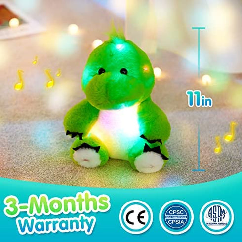 BSTAOFY 11'' Light Up Dinosaur Stuffed Animals Cute LED T-Rex Soft Plush Toy Glow in The Dark Gifts for Kids Boys Girls Birthday Holiday, Green