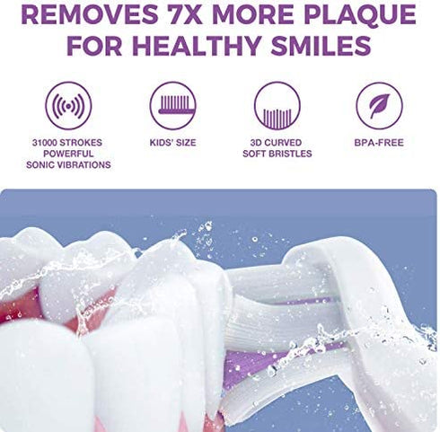 Vekkia Princess Kids Electric Toothbrush, 2 Minutes Timer for Age 3+, 4 Brush Heads, (Rechargeable)