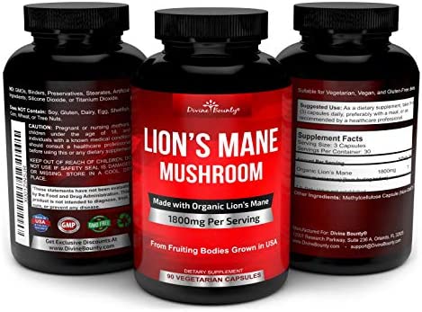 Organic Lions Mane Mushroom Capsules - 1800mg Strongest Lion's Mane Mushroom Supplement - Non-GMO Lions Mane Extract Powder - Nootropic Brain Supplement - Brain & Immune Support - 90 Vegetarian Caps