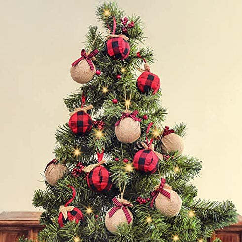 Ivenf Christmas Tree Decorations, 12pcs Buffalo Plaid Burlap Farmhouse Christmas Ornaments, Red Black Country Xmas Decor Indoor, Cute Rustic Xmas Ball for Home Office Family Holiday Party, Unbreakable