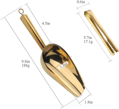 Mingcheng Stainless Steel Ice Scoop and Ice Tongs Small, Round Bottom Bar Ice Utility Scoop, 6 Inches Serving Tongs with Teeth for Large Cubes, Freezer, Ice Bucket Copper, Set of 3 (Gold)