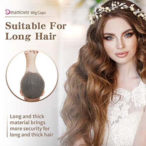 Dreamlover Wig Cap for Long hair, Hair Net for Wig, Fishnet Wig Cap for Women, Natural Nude, 3 Pack
