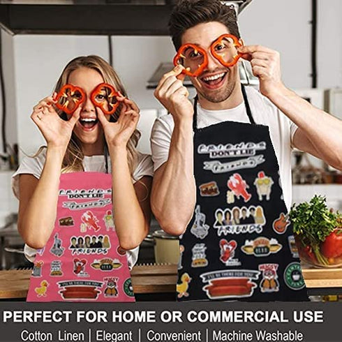 6PCS Friends Themed Kitchen Gifts Decor,1 Friends Apron,1 Dish Cloths, 2 Friends Oven Mitts,2 Friends Pot Holders,For Cook, Mom and Wife Kitchen (Black and Pink) (Black)