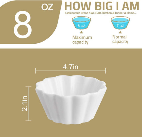 SWEEJAR Porcelain Ramekins for Creme Brulee, 8 Ounce Cupcake Baking Cups, Ceramic Souffle Dishes for Muffin, Chocolates, Truffles, Pastries, Pudding, Set of 6,(White)