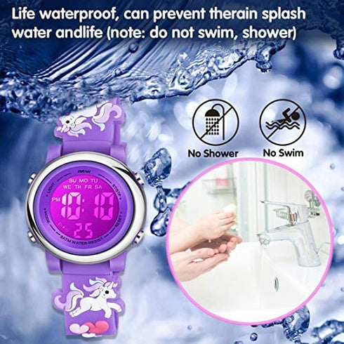 Venhoo Kids Watches 3D Cartoon Waterproof 7 Color Lights Toddler Digital Wrist Watch with Alarm Stopwatch Gifts for 3-10 Year Girls Little Child