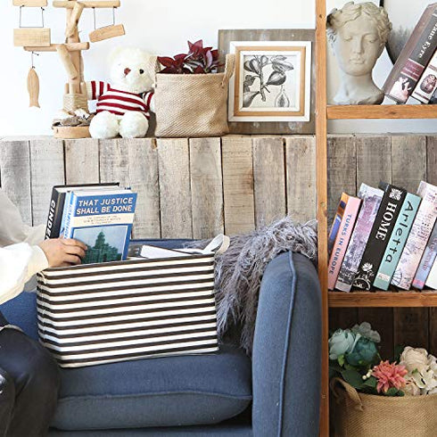 Sea Team Collapsible Canvas Fabric Storage Basket with Handles, Rectangle Waterproof Storage Bin, Box, Cube, Foldable Shelf Basket, Closet Organizer, 16.5 x 11.8 x 9.8 Inches, Black Stripe