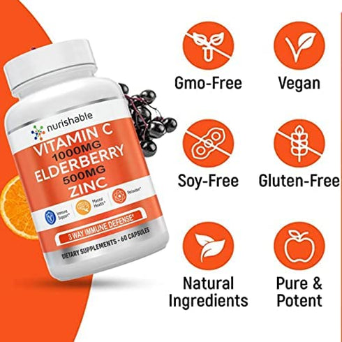 Elderberry with Zinc and Vitamin C For Adults - Vitamin C 1000mg Capsules with Zinc 50mg & Elderberry for Immune Support & Antioxidant Protection - Easy To Swallow, Non-GMO - 60 Veggie Capsules