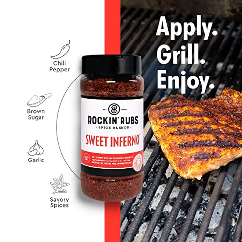 Sweet Inferno Seasoning and Rub | Smoky Sweet Dry Rub Spices for Salmon, Hamburgers, Steak, Chicken, Pork, Brisket, Ribs and Veggies | Rockin' Rubs, 4.5 oz