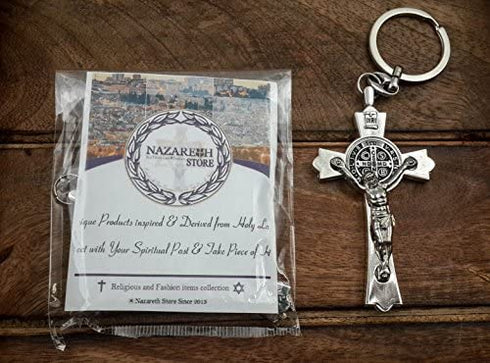 Saint Benedict Evil Protection Medal Metal Cross Keychain Faith Key Holder From Jerusalem Protective Benedictus Charm 3"