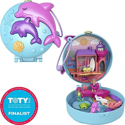 Polly Pocket Dolphin Beach Compact, Beach-Adventure Theme With Micro Polly & Mermaid Doll, 5 Reveals & 12 Accessories, Pop & Swap Feature, Great Gift For Ages 4 Years Old & Up