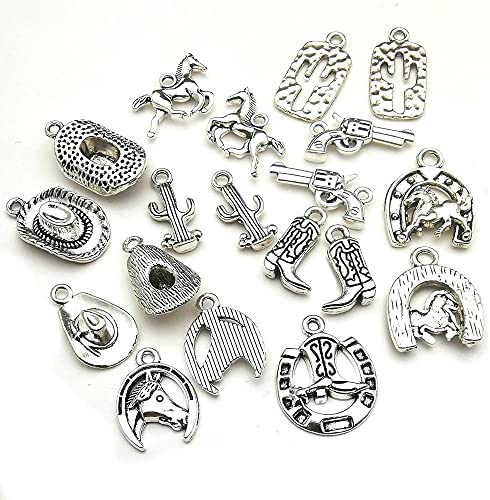 60PCS Antique Silver Western Cowboy Charms Pendants Horse Hat cactus Cowboy Boot Charms for Bracelet Earrings Necklace Jewelry Making (10 Style, 6 of Each)HM672